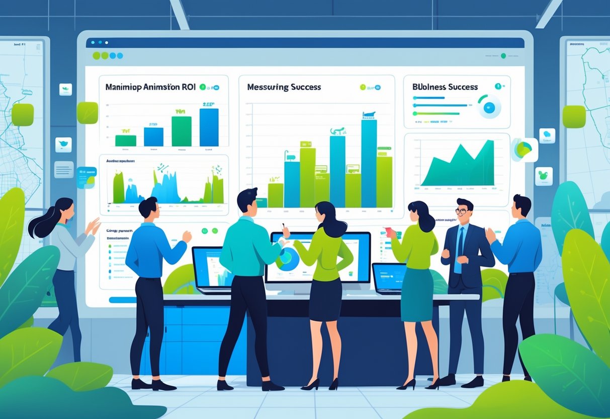 A group of business professionals working together around a digital screen showing animated graphs and charts in a modern office setting.