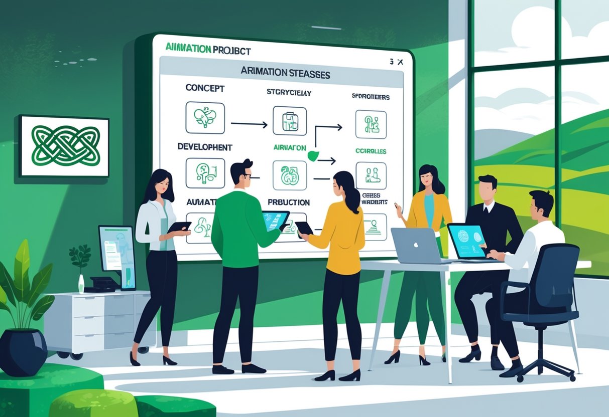 A team of professionals collaborating around a digital touchscreen displaying an animation project workflow, with subtle Irish cultural elements in a modern office.