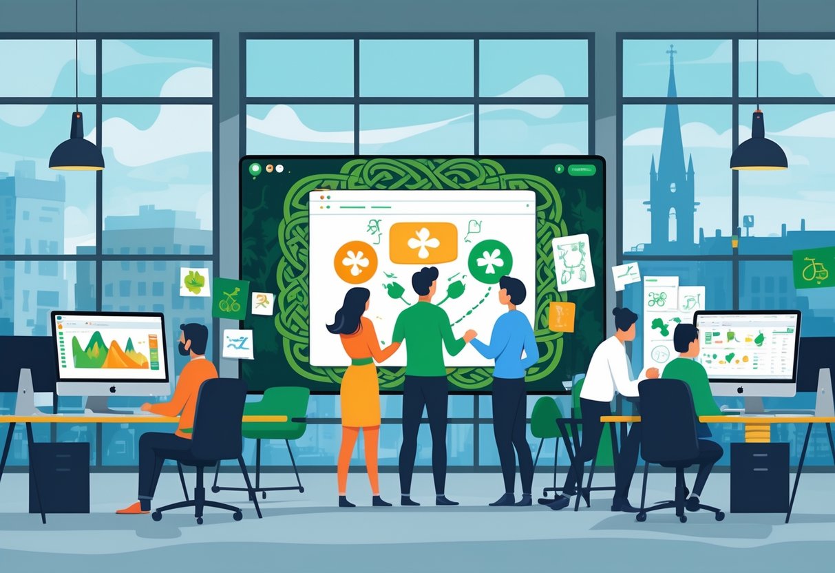 A team of professionals working together in an office with animation graphics and Irish cultural elements visible on screens and walls.