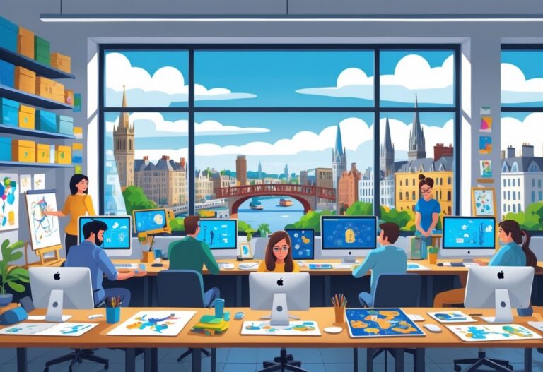 A busy animation studio with people working on computers and drawings, overlooking Dublin city with its famous landmarks.