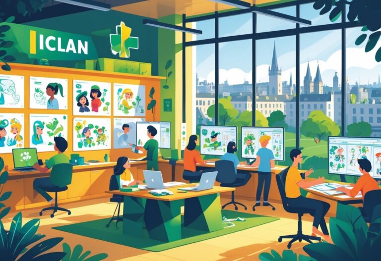 An animation studio in Ireland with artists working together on digital drawings surrounded by creative tools and a view of an Irish city outside the windows.