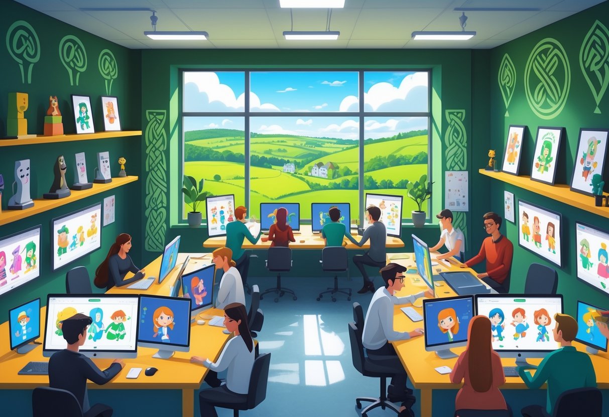 A bright animation studio in Ireland with artists working on digital drawings and a window showing green hills outside.