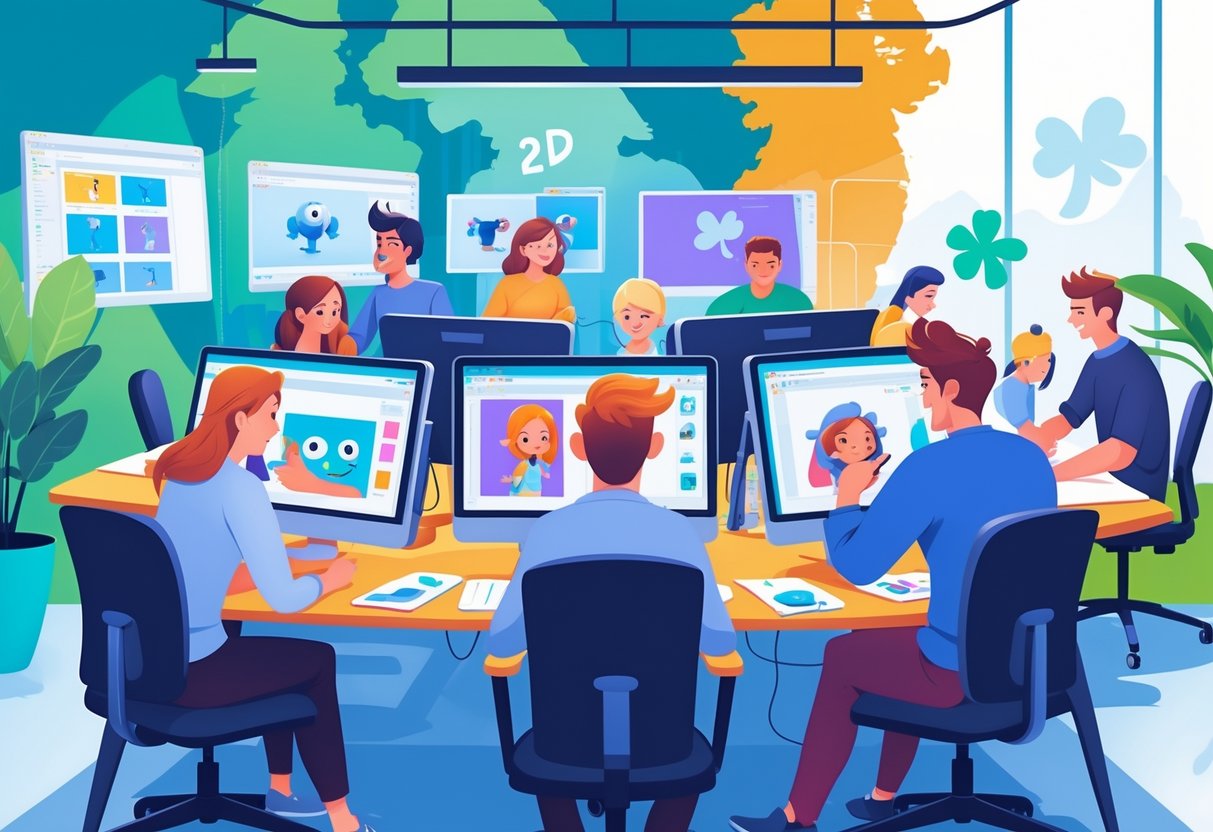 A busy animation studio with artists working on 2D animation projects on computers and tablets, with subtle Irish cultural elements in the background.