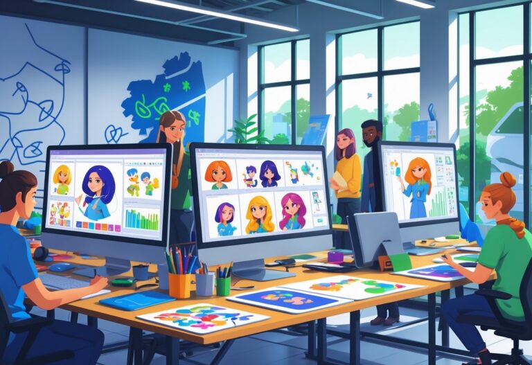 A busy animation studio with artists working on digital character designs and storyboards in a bright office with large windows and elements referencing Northern Ireland.