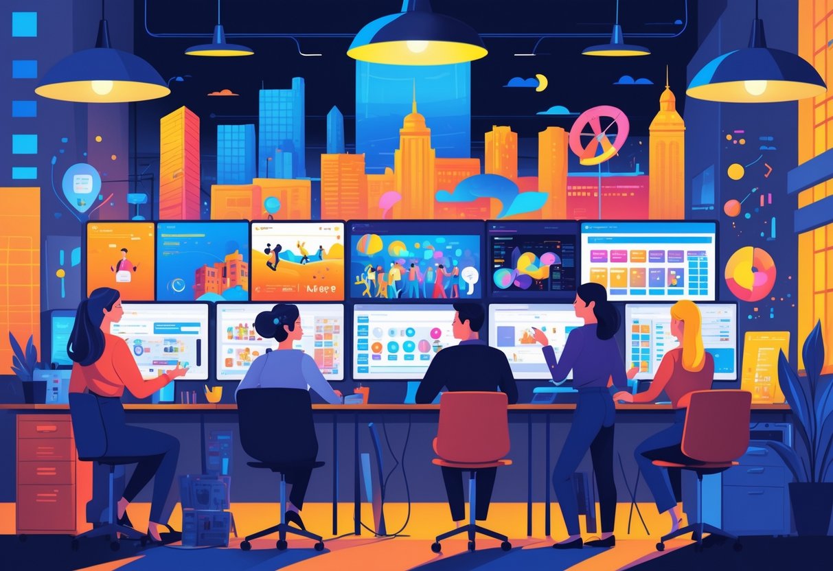 A team of creative professionals working together in an office with animation screens and event production equipment, with Belfast buildings visible in the background.