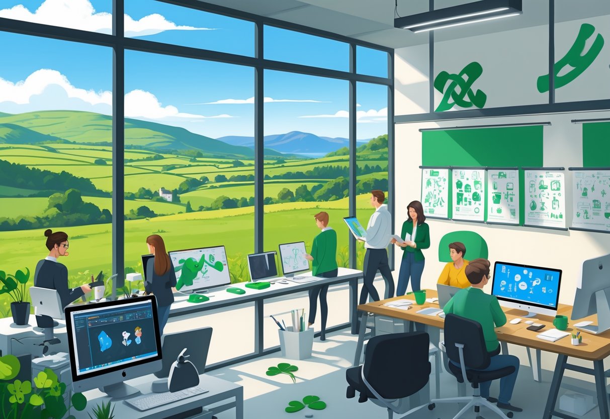 A bright animation studio with artists working on computers and drawing tablets, overlooking green hills and mountains in the Republic of Ireland.