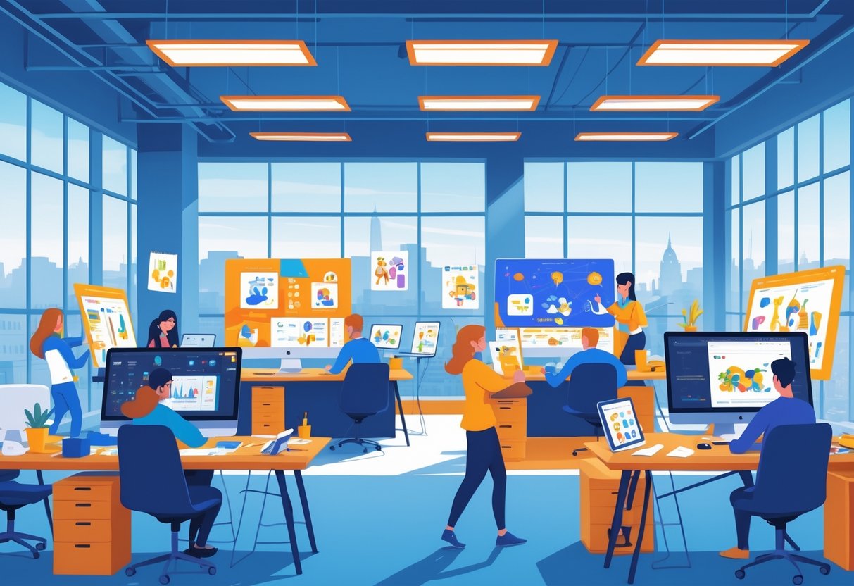 A busy office with creative professionals working on animation projects, with a view of Belfast city in the background.