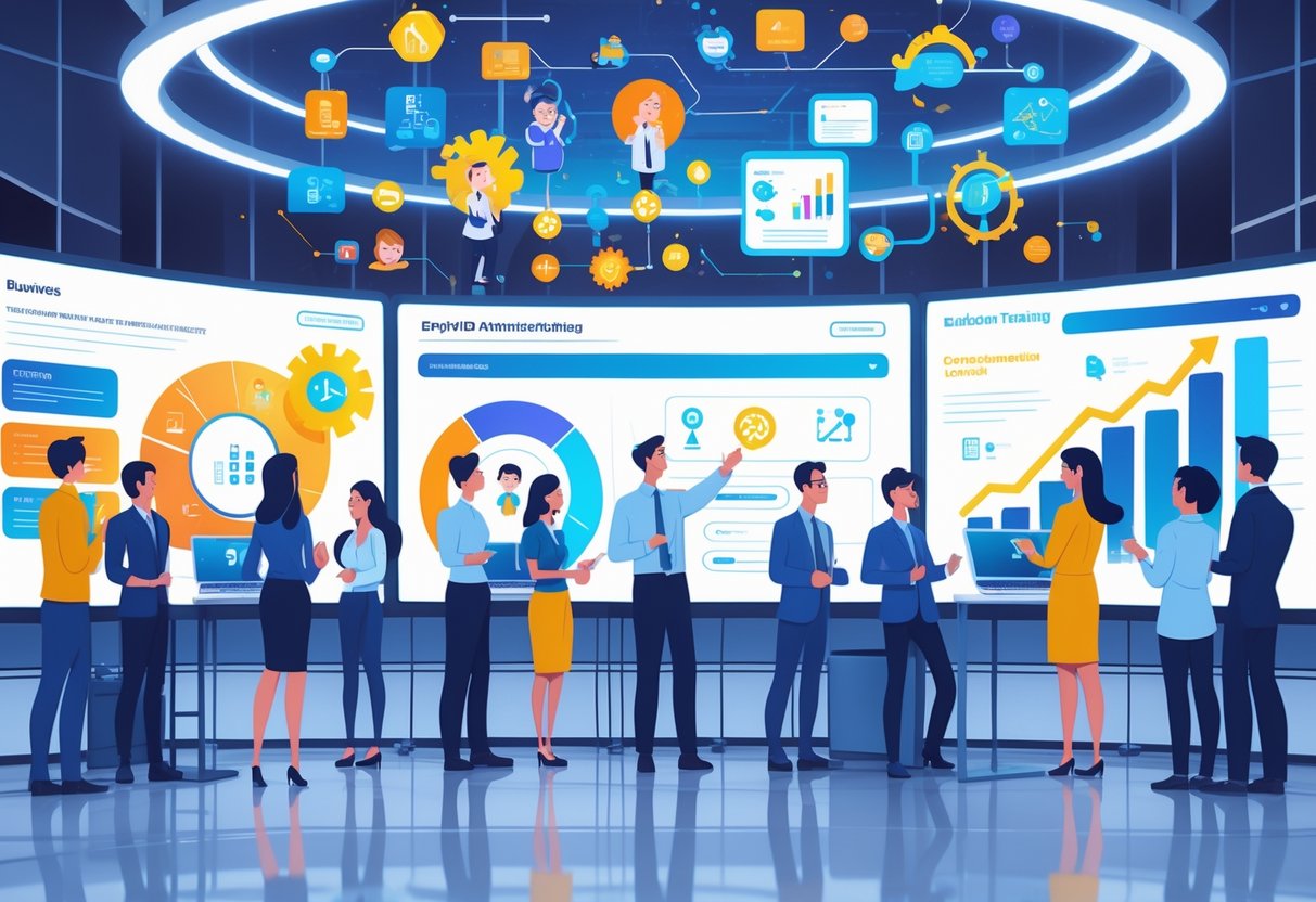 A group of people in a modern training room interacting with large screens showing colourful animated business and education visuals.