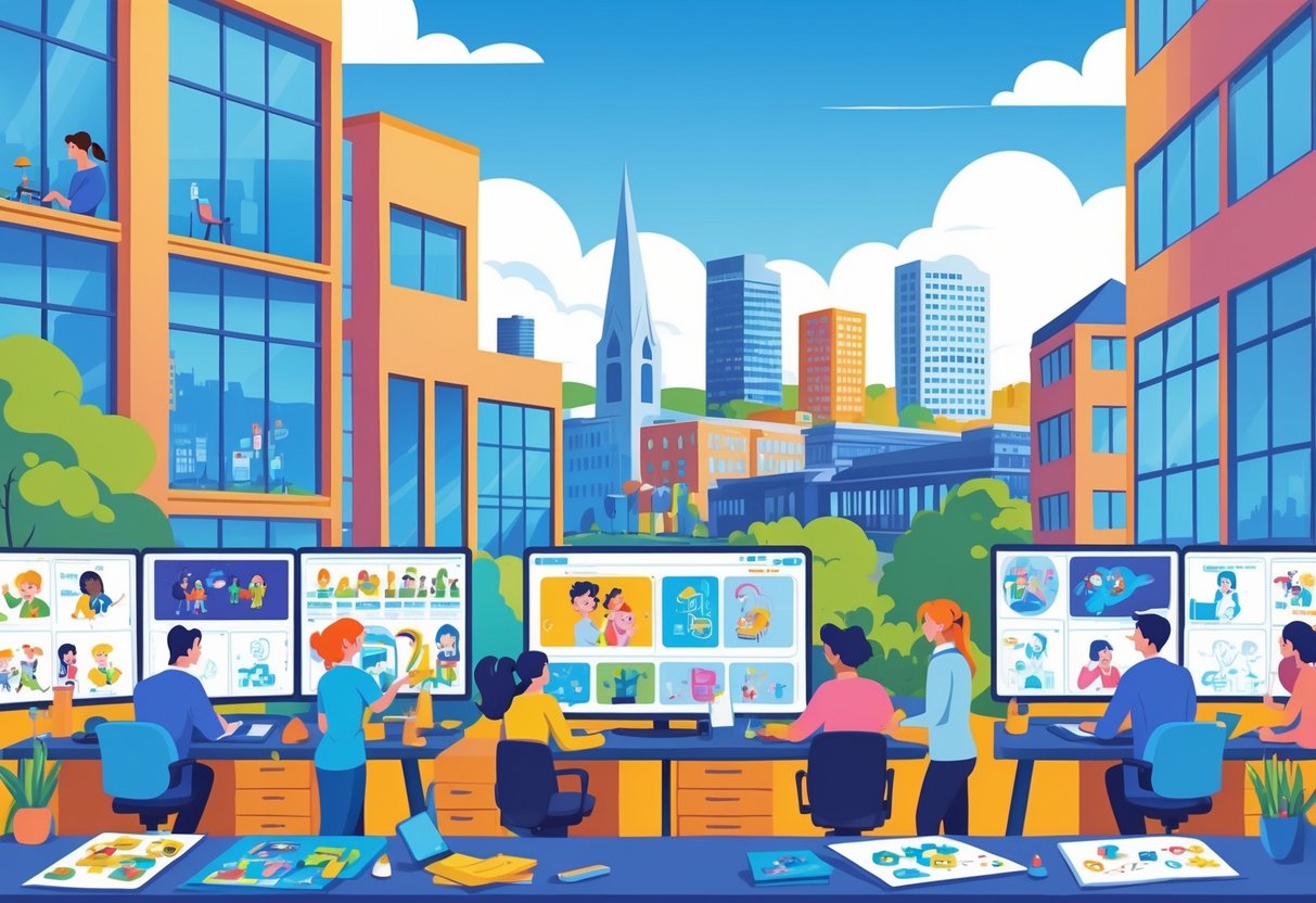 A cityscape of Belfast showing animation studios with people working on animation projects inside modern office buildings.