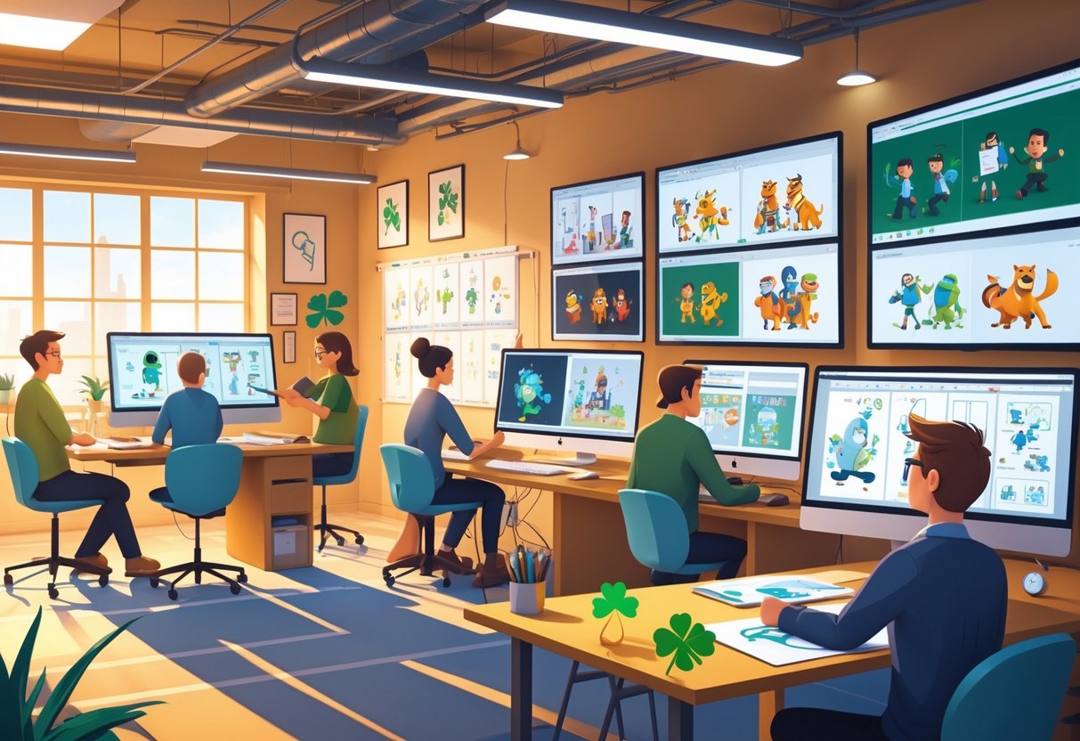 A busy animation studio with artists working on different animation techniques, including 2D sketches, 3D models, and stop-motion puppets, with small UK and Ireland symbols visible on desks.
