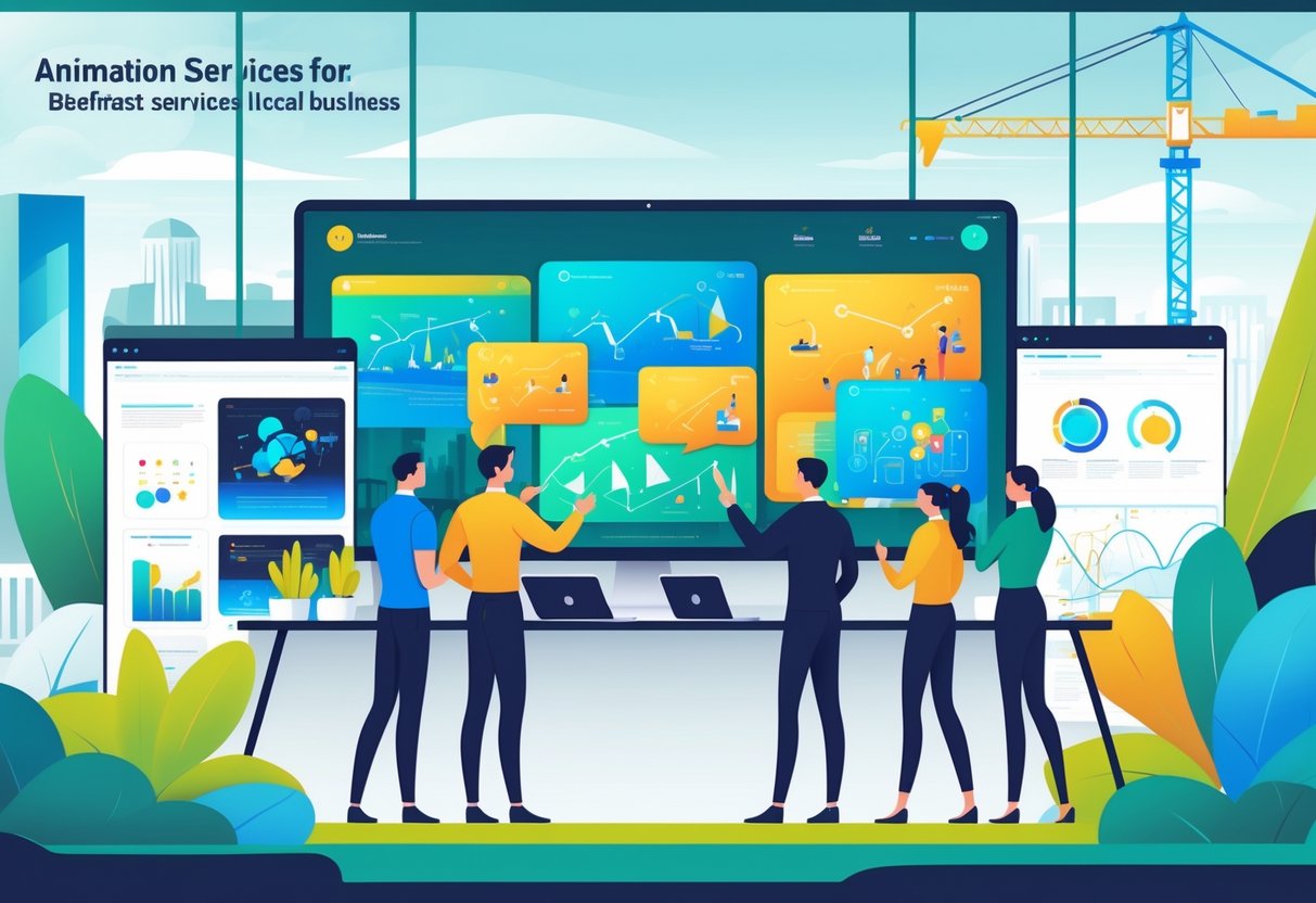 A group of business professionals working together around a digital screen showing animations, with the Belfast city skyline visible in the background.