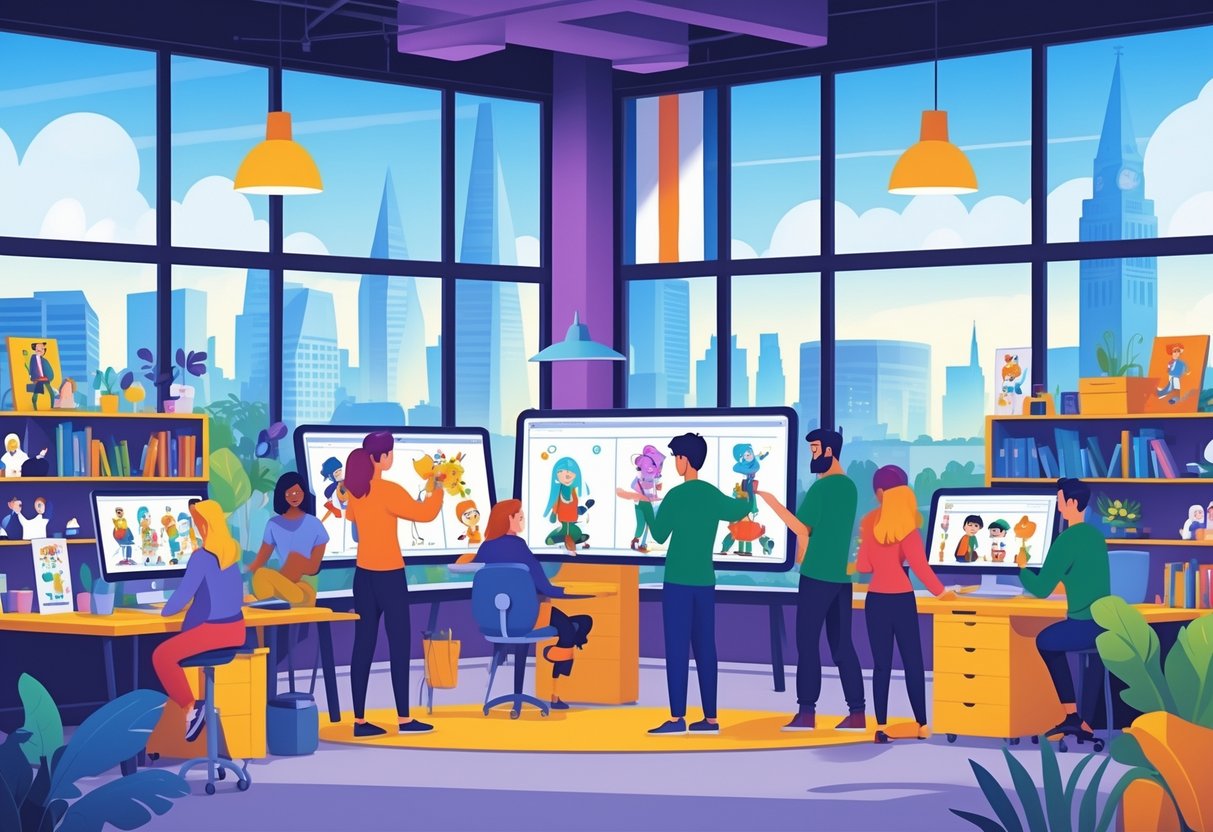 A busy animation studio with people working on digital drawings and computers, with views of city skylines representing the UK and Ireland.