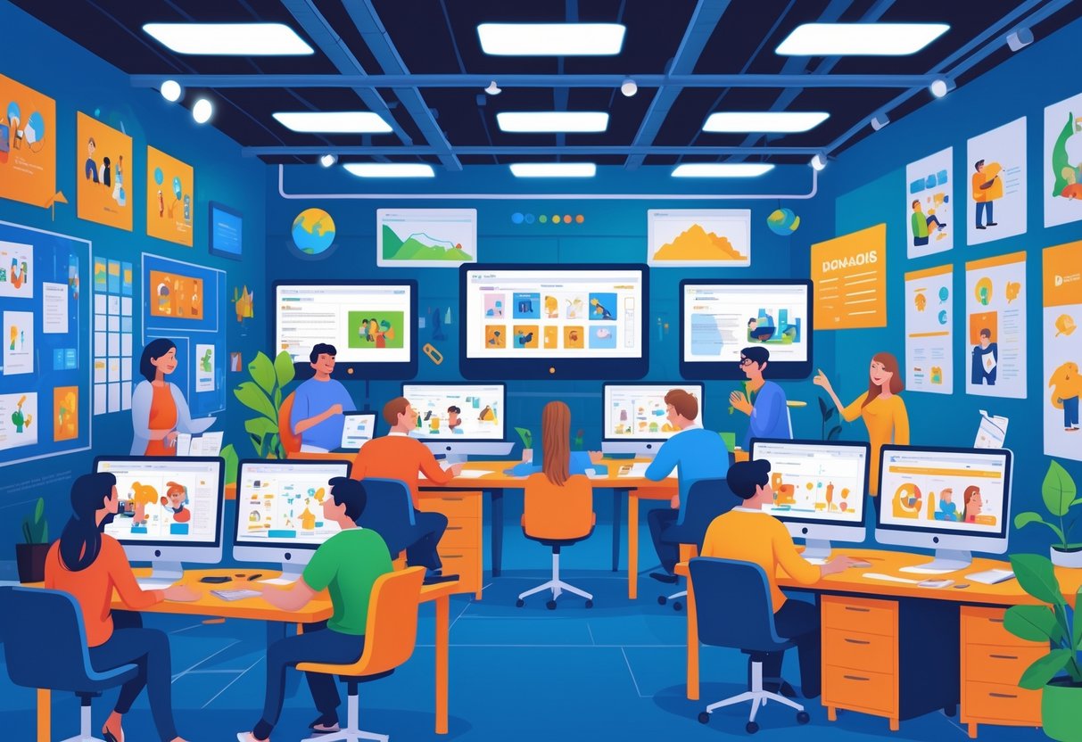 A creative animation studio with a team working on different projects, including explainer videos and short films, with computers, storyboards, and screens displaying animated scenes.