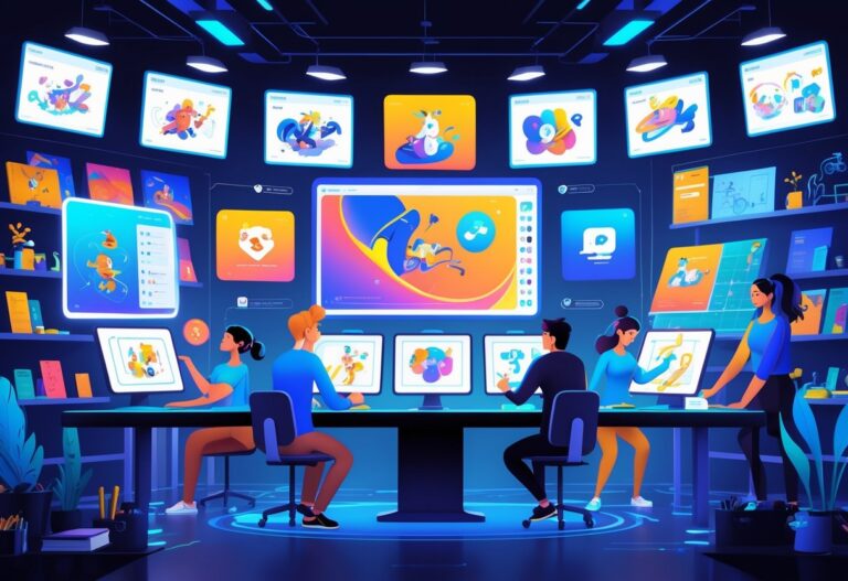 A group of animators working together in a studio with digital drawing tablets and screens showing colourful 2D animations.