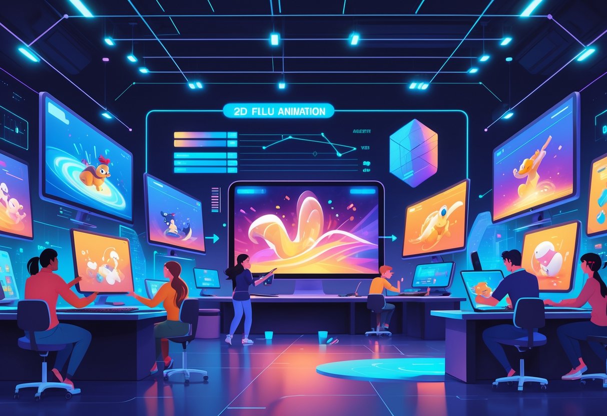 A group of animators working together in a modern studio with digital screens showing colourful 2D animations and futuristic tools around them.