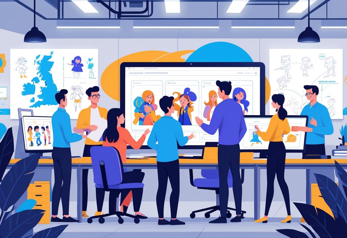 A team of creative professionals working together in an animation company office with digital screens and maps of the UK and Ireland in the background.