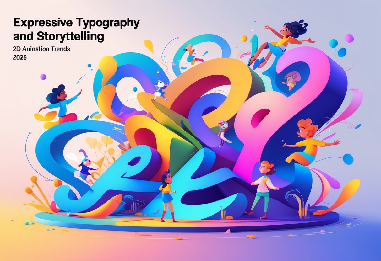 A colourful scene showing animated characters interacting with flowing shapes and stylised letterforms, expressing storytelling and emotion through movement.
