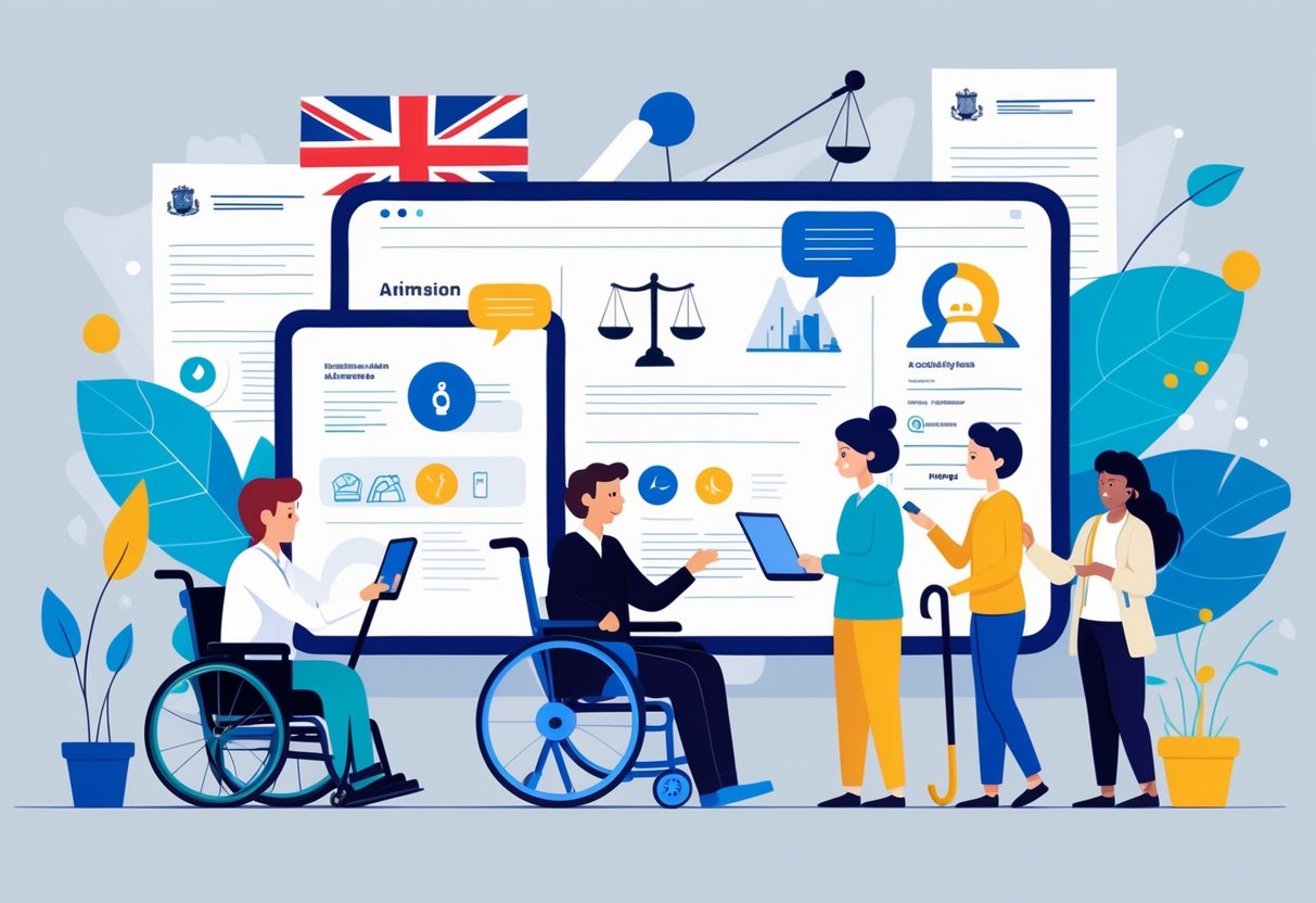 A diverse group of people with disabilities using digital devices to engage with animated content, with symbols representing UK legal and accessibility standards in the background.