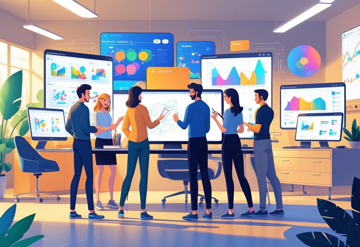 A group of creative professionals working together around digital screens and drawing tablets in a modern animation studio.