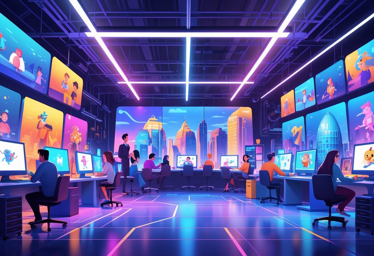 A busy animation studio in the UK with diverse professionals working on digital animation projects surrounded by London landmarks and advanced technology.