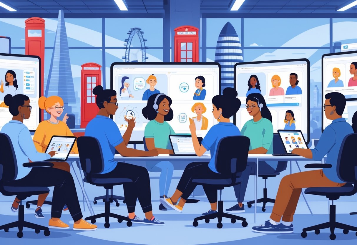 A group of diverse people using assistive devices while interacting with animated content in a modern UK workspace.