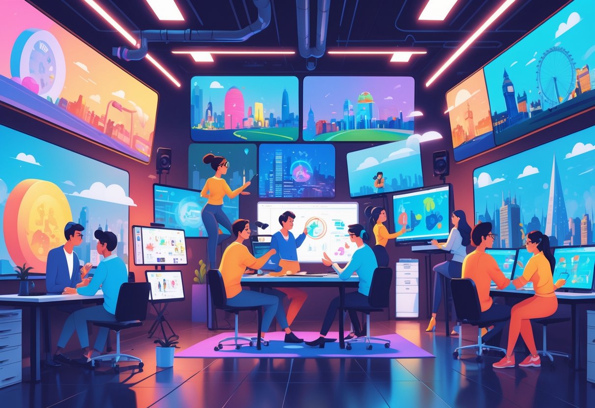 A group of animation professionals working together in a modern studio with digital screens and London cityscape in the background.