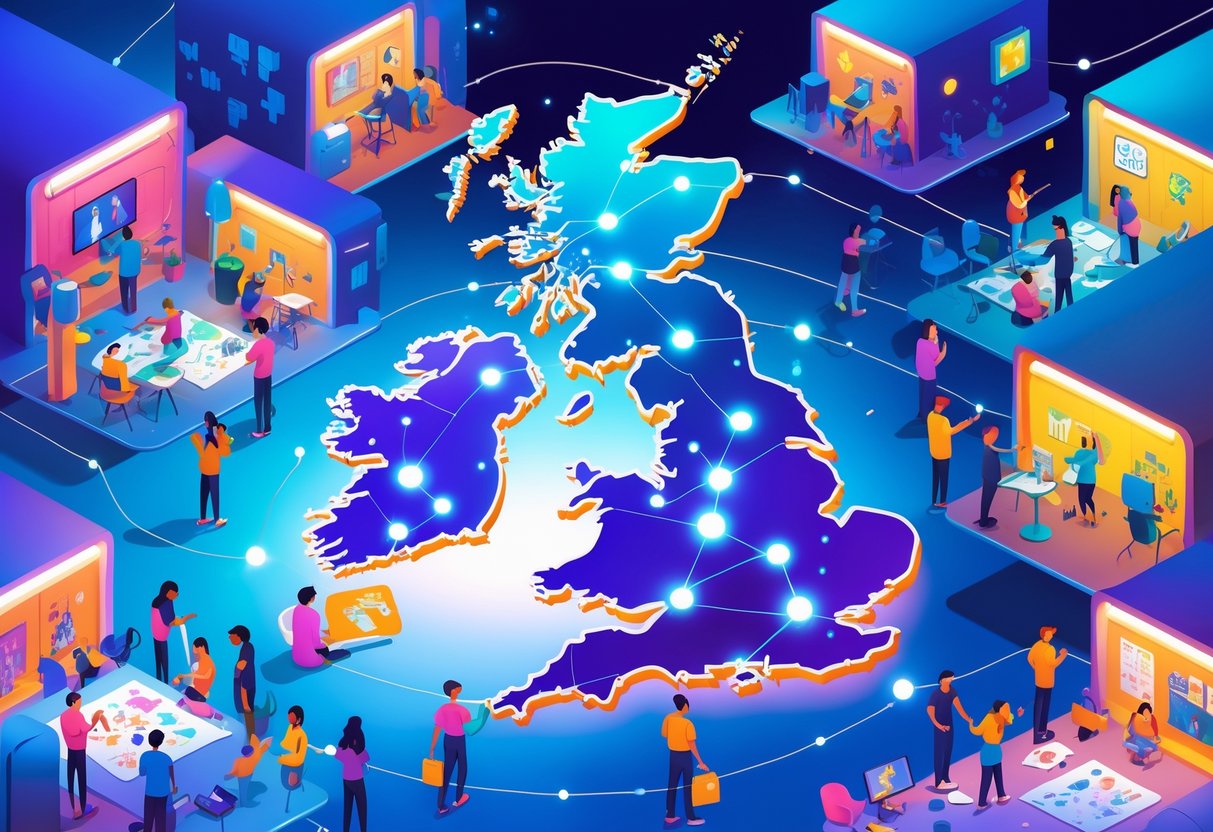 Illustration of the UK map highlighting animation hubs with people working on animation projects in creative studio settings.