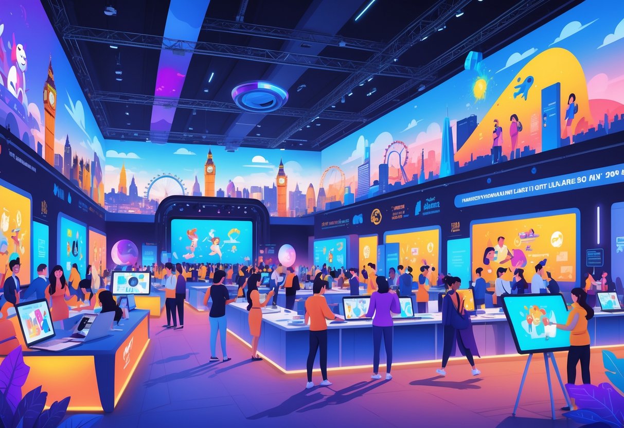 A busy animation festival in the UK with people interacting around digital screens and animation displays, set against a backdrop featuring UK landmarks.