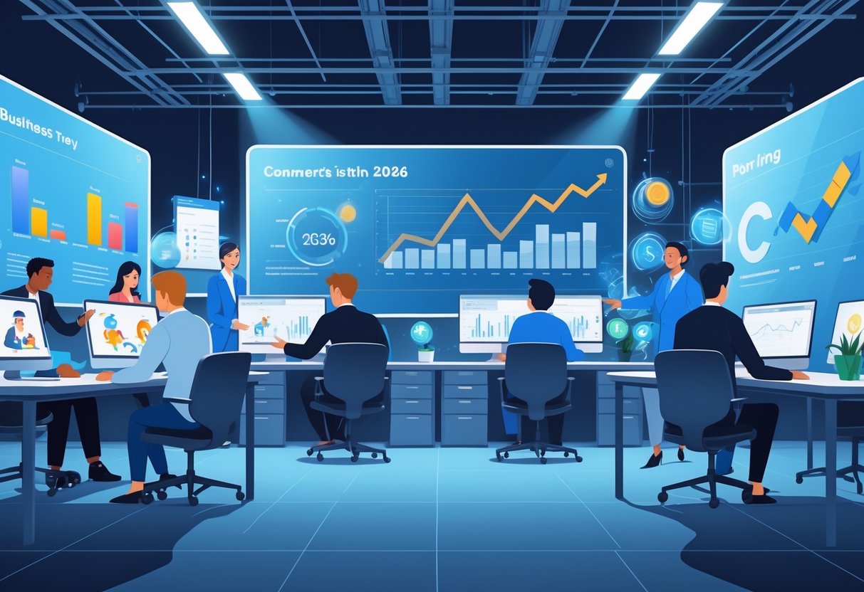 A group of professionals working together in a modern office with digital screens showing animated characters and financial charts related to the UK animation industry.