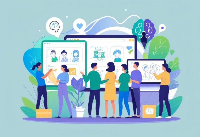 A group of people surrounded by different animation elements representing mental health awareness.