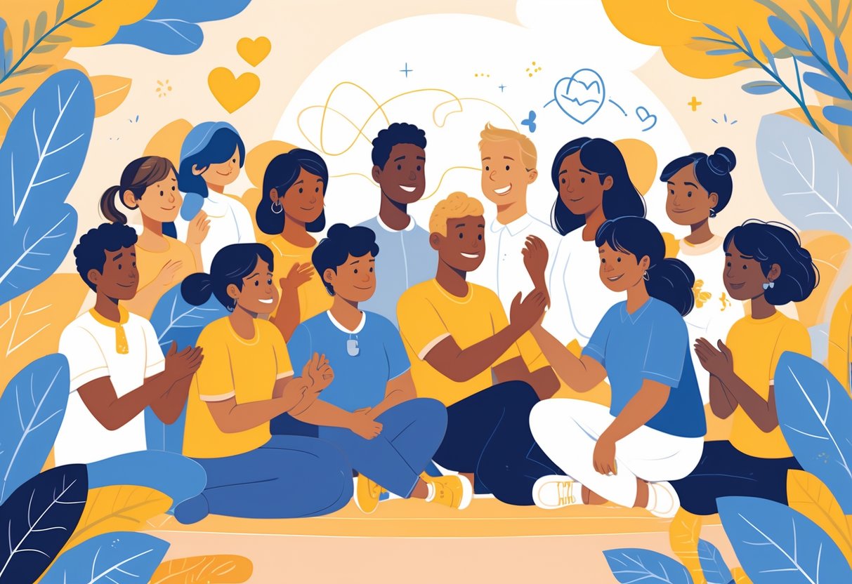 A diverse group of people gathered together showing support and understanding in a calm and welcoming environment focused on mental health awareness.