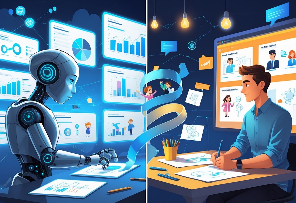 A split scene showing a robot creating animated business graphics on digital screens and a human animator working on drawings at a tablet, connected by flowing animated story elements.