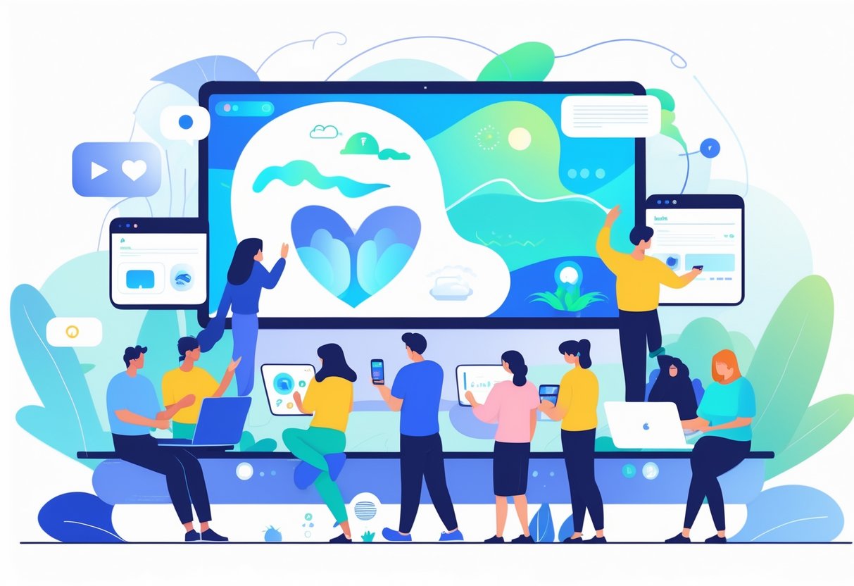 People using digital devices around a large animated screen showing calming mental health visuals, with icons representing media tools in the background.