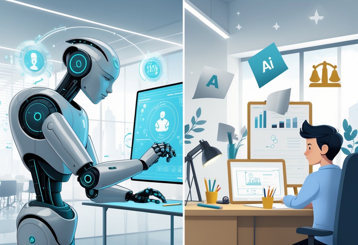 A scene showing a robotic arm creating digital animation on one side and a human animator drawing on the other, with legal symbols like scales of justice between them in a modern office.