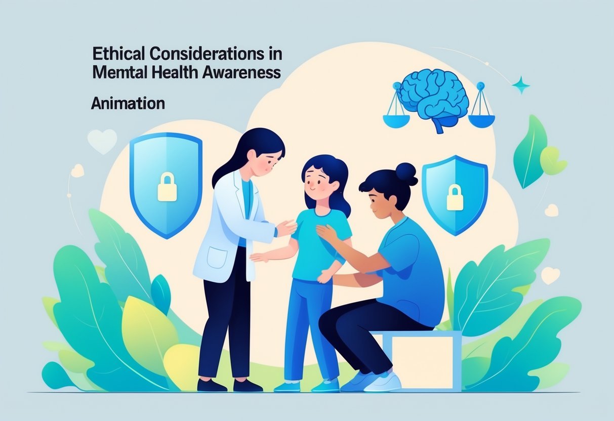 A group of people in a calm setting where a mental health professional supports someone feeling distressed, surrounded by symbols representing care, trust, and confidentiality.