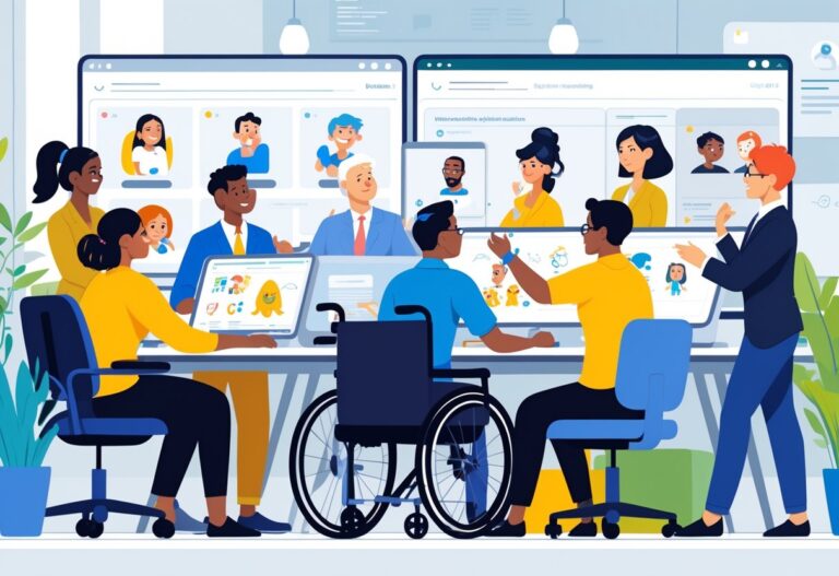 A diverse group of business professionals working together around digital screens showing animation designs with accessibility features in a modern office.