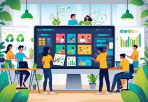 A group of animators working together in a bright, eco-friendly studio with plants and symbols of sustainability around them.