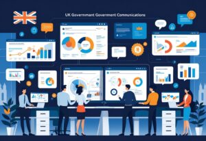 A group of professionals working together with digital screens showing animated charts and UK government symbols in a modern office setting.