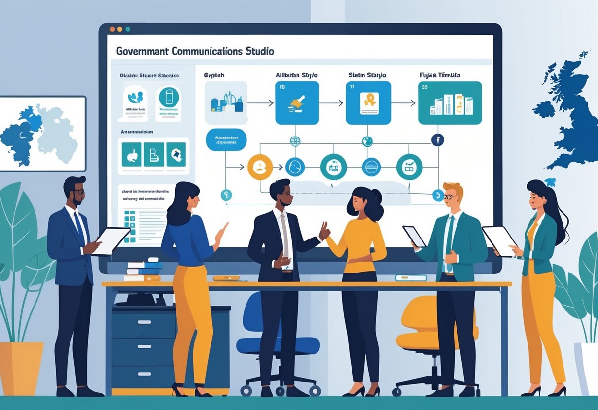 A group of professionals in an office discussing animation studio options with a digital screen showing project plans and UK-themed elements in the background.