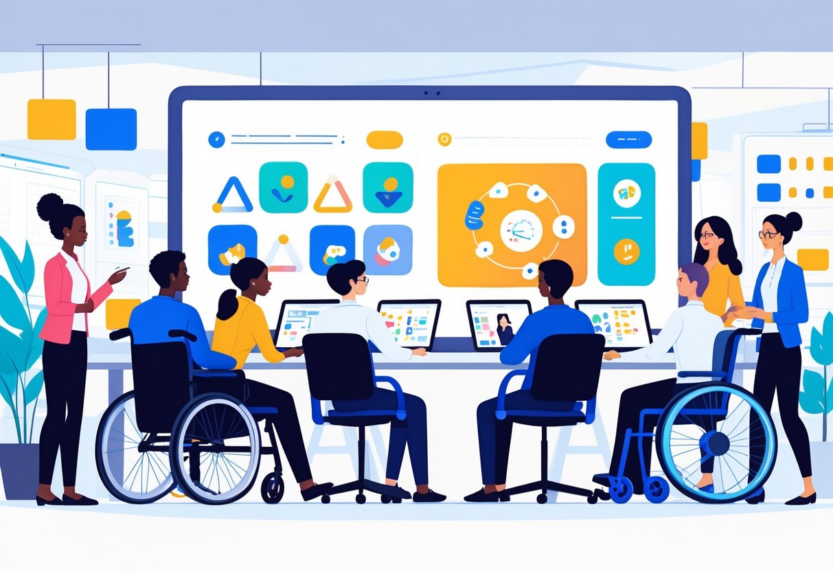 A diverse group of business professionals working together around a digital screen showing colourful animated graphics in a modern office.