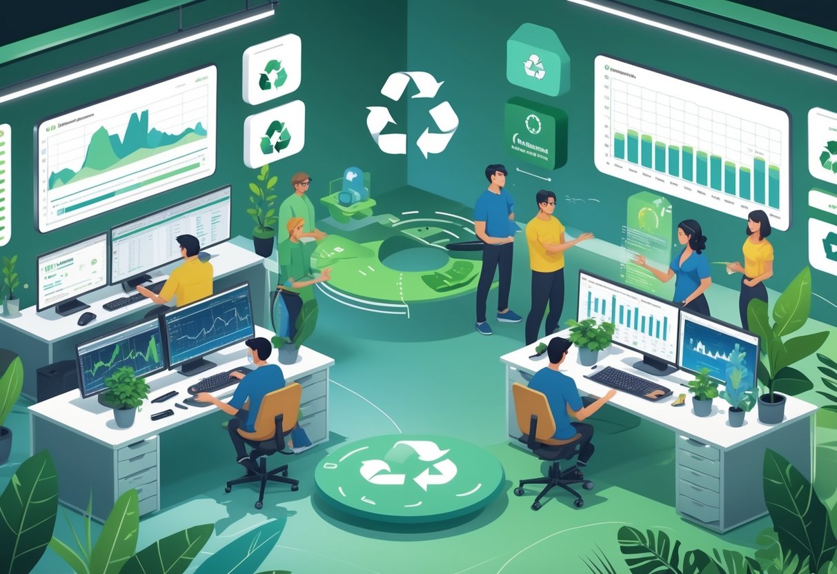 An animation studio with people working on computers displaying 3D animation and rendering, surrounded by plants and eco-friendly elements.