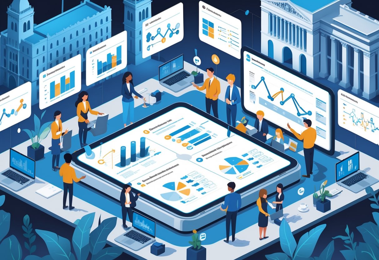 A group of government employees collaborating around a digital table with animated project timelines and charts, set against a background featuring UK government buildings.