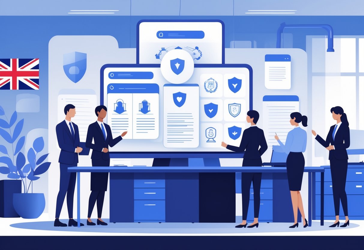 Government officials working together around a digital display showing icons for data security and ethics in a UK office setting.