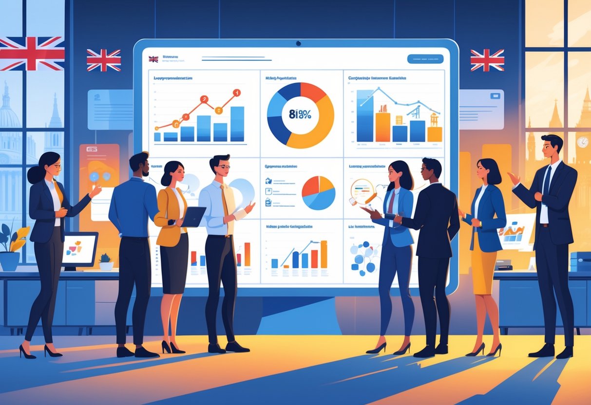 A group of professionals in a government office working together around a large digital screen showing animated charts and graphs, with UK symbols visible through windows.