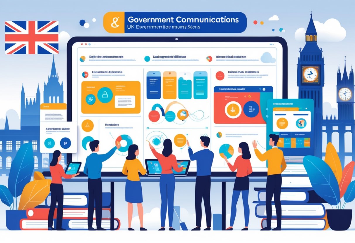 A team of people working together in an office with digital screens showing animation storyboards and UK government symbols in the background.