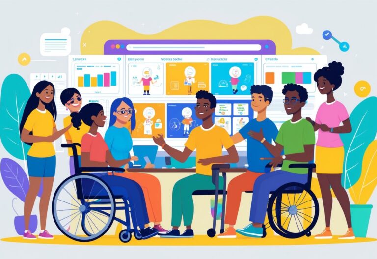 A group of diverse people working together around a digital screen showing animation sketches, including individuals with different abilities and backgrounds.