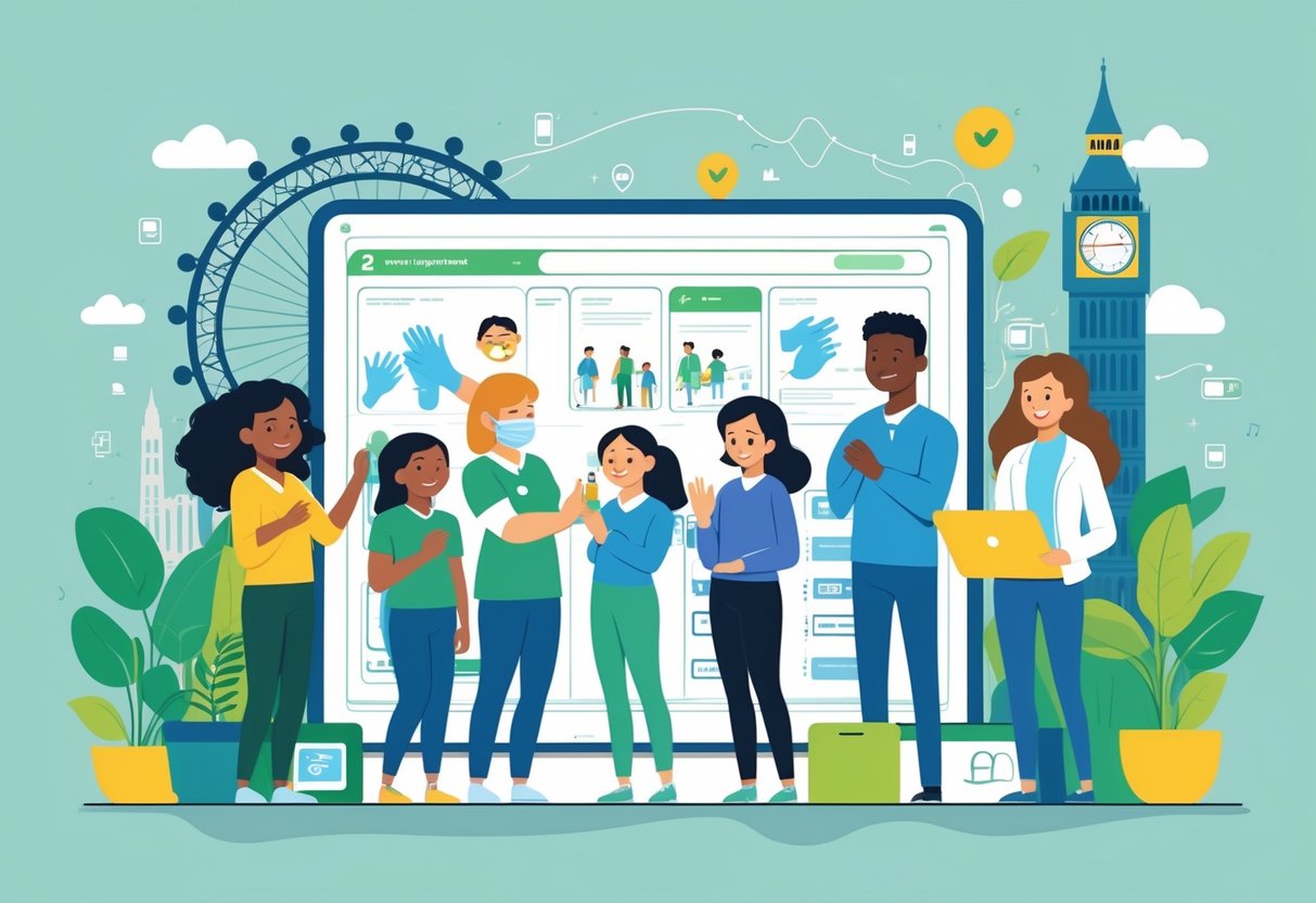 Illustration showing diverse people practising health activities like handwashing and vaccination with UK landmarks in the background.