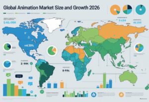 A world map showing regions with animated charts and icons representing the growth of the animation market globally.