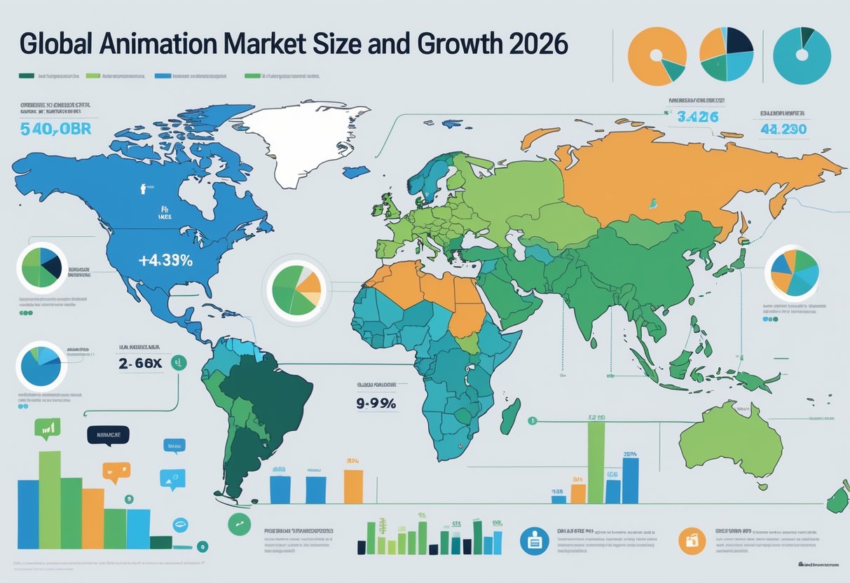 A world map showing regions with animated charts and icons representing the growth of the animation market globally.