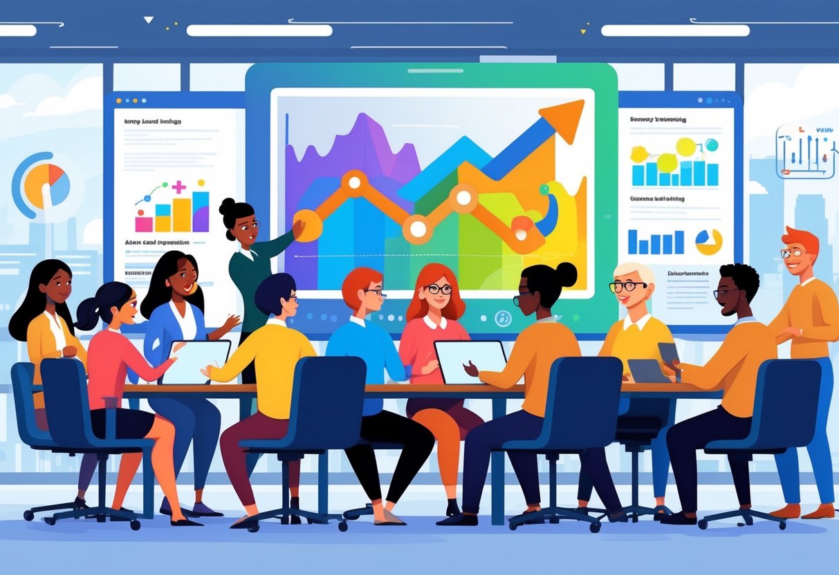 A diverse group of people collaborating in a modern office setting during a training session on diversity and inclusion.